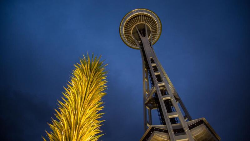 The Space Needle and tip of the Icicle Tower at Chihuly Garden and Glass. Photograph: Chris Carmichael/ NY Times