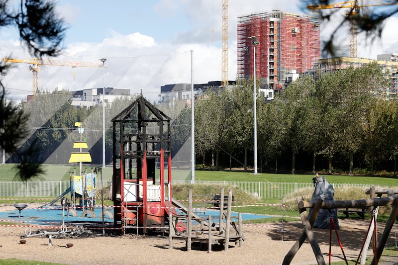 Fire damage to the playground and equipment at the Sean Moore Park Playground, Ringsend, Dublin 4. Photograph: Nick Bradshaw