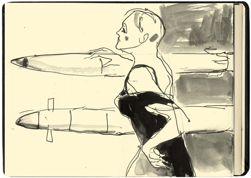 Jill Gibbon, Woman with Missile, from What Do We Want? which also includes art by Eoin MacLochlainn, Tom Molloy and Gail Ritchie, until May 31st at the Olivier Cornet Gallery in Dublin. 