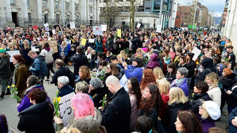 Hundreds of people attended a rally in Belfast on Thursday to support the woman at the centre of the Belfast rape trial. Photograph: Pacemaker