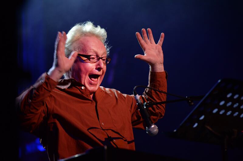 Paul Brady reacting on stage at the Philip Chevron night at the Olympia Theatre in 2013. Photograph: Cyril Byrne/The Irish Times 
