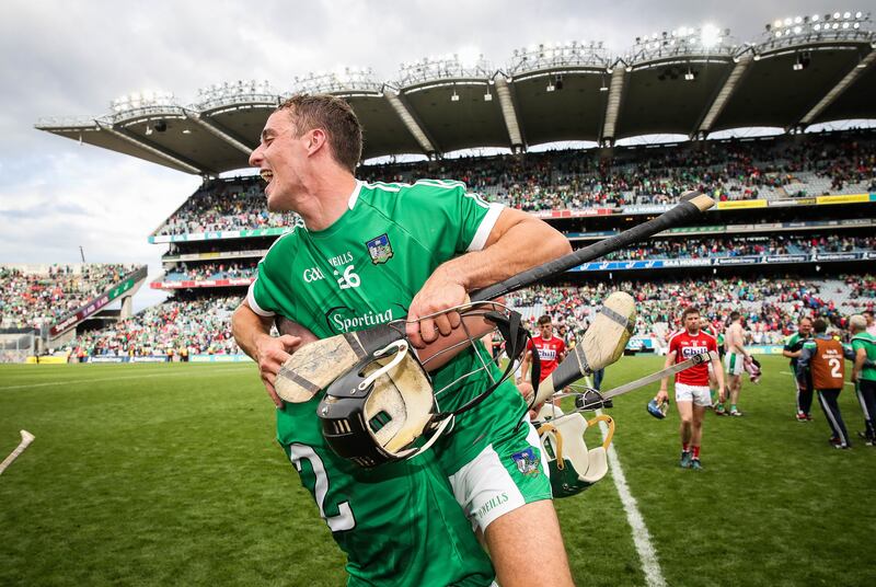 Limerick's Sean Finn and Pat Ryan celebrate after a hurling All-Ireland senior championship semi-final at Croke Park in July 2018. Photograph: Ryan Byrne/Inpho