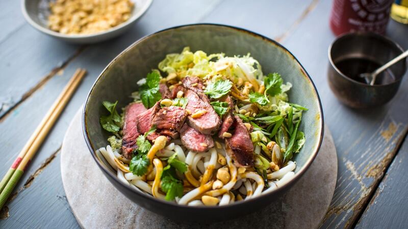 Spicy steak noodle bowl with sesame soy dressing