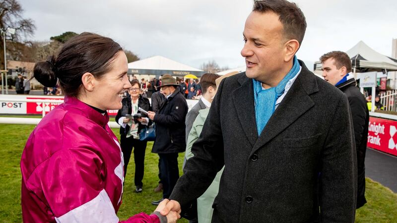Leo Varadkar congratulates jockey Rachael Blackmore after her win on Notebook in the Racing Post Novice Steeplechase at Leopardstown on St Patrick’s Day in 2019. Photograph: Morgan Treacy/Inpho