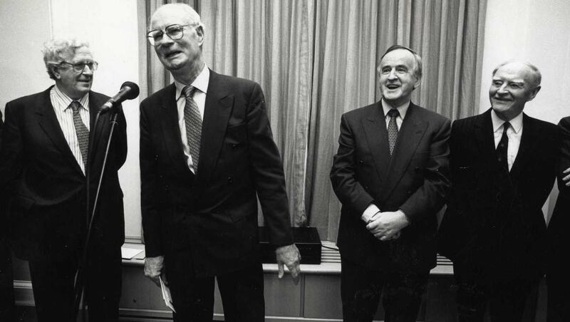 Dermot Nally, former secretary to the government, with then taoiseach Albert Reynolds in 1993, and also former taoisigh Dr Garret FitzGerald and Liam Cosgrave. Photograph: Frank Miller