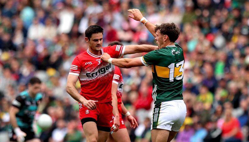 Kerry’s David Clifford became rattled by the close attentions of Derry's defenders, particularly Christopher McKaigue. Photograph: Ryan Byrne/Inpho 