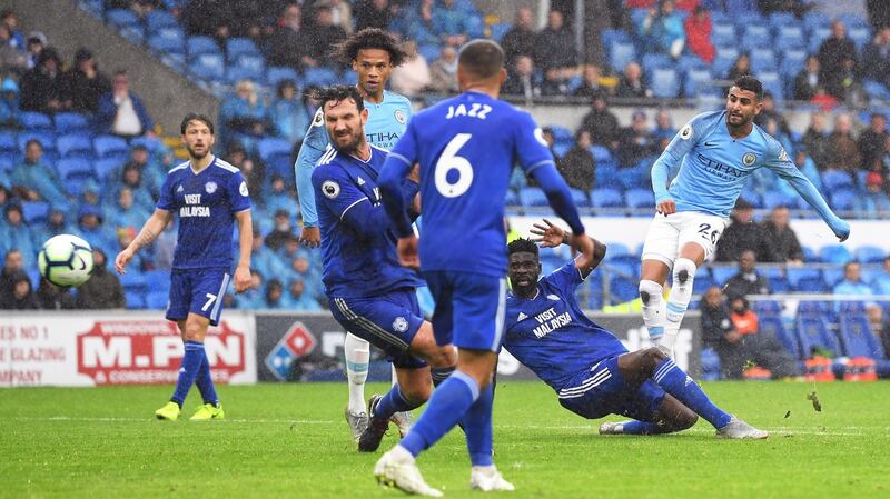Riyad Mahrez  scores second and  his team’s fifth goal during the Premier League match against Cardiff City at Cardiff City Stadium. Photograph: Stu Forster/Getty Images