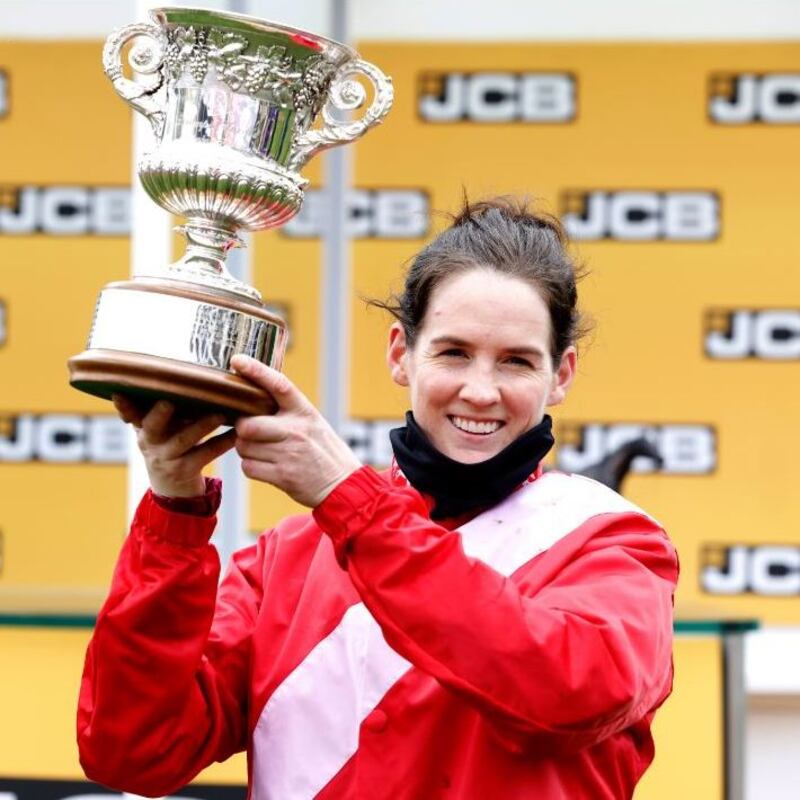 Rachael Blackmore celebrates after winning the JCB Triumph Hurdle at Cheltenham with Quilixios. Photograph: Dan Abraham/INPHO