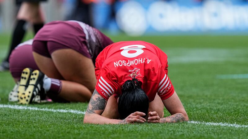 Ashling Thompson of Cork celebrates at the final whistle following victory over Galway in the All-Ireland senior camogie final at Croke Park. Photograph: James Lawlor/Inpho 