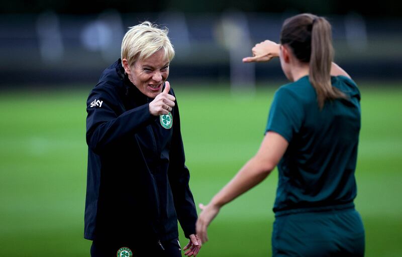 The then-Ireland manager Vera Pauw and Katie McCabe in a training session in Brisbane during the World Cup last year. Photograph: Ryan Byrne/Inpho