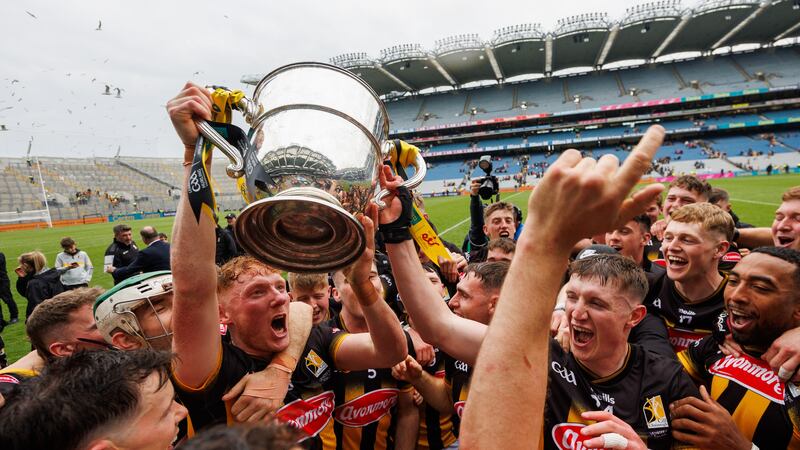 Kilkenny’s John Donnelly celebrates with the Bob O’Keeffe Cup after their win over Galway in the Leinster final. Photograph: James Crombie/Inpho