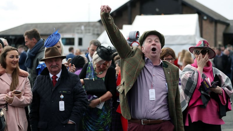 A racegoer celebrates during day four of the Punchestown Festival 2018 at Punchestown Racecourse, Co Kildare. Photograph: Brian Lawless/PA Wire
