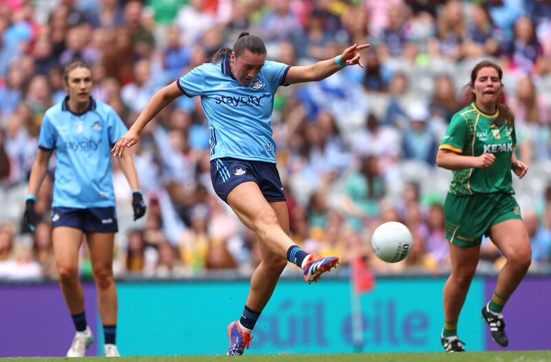 Dublin's Niamh Hetherton scores a goal against Meath in the first half. Photograph: Leah Scholes/Inpho