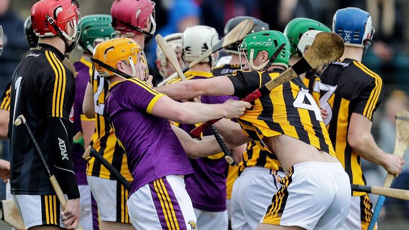 Tempers flare between Wexford’s Simon Donohue and Tommy Walsh of Kilkenny during the Walsh Cup semi-final at Enniscorthy in January. Photograph: Laszlo Geczo/Inpho