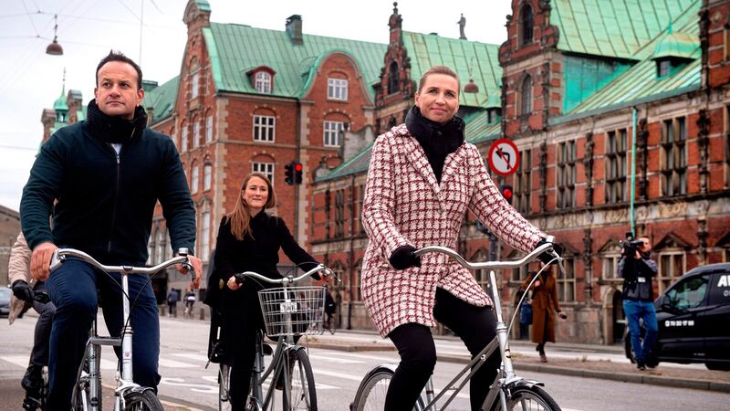 Taoiseach Leo Varadkar, and Mette Frederiksen, Danish prime minister, cycling in Copenhagen ahead of a meeting. Photograph: Getty Images