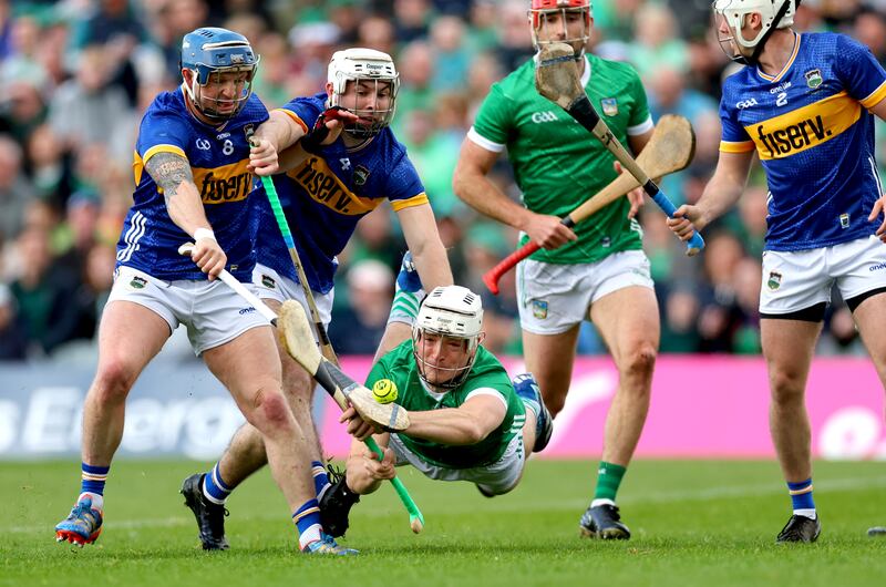Limerick’s Kyle Hayes contests possession with Willie Connors and Craig Morgan of Tipperary during the Munster SHC game at the TUS Gaelic Grounds. Photograph: James Crombie/Inpho