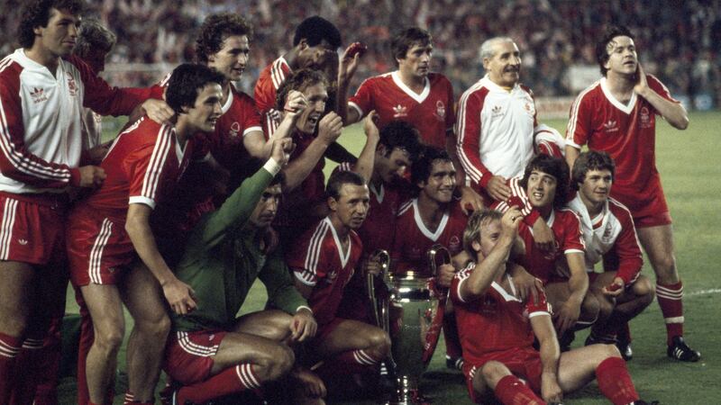 Martin O’Neill and his Nottingham Forest teammates celebrate winning the European Cup with their 1-0 victory over SV Hamburg at the Bernabeu Stadium, Madrid, in 1980. Photograph: Getty Images