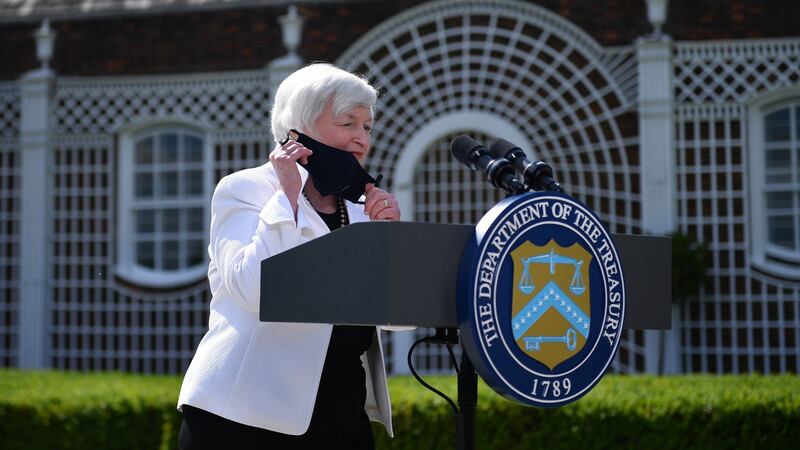 US Treasury Secretary Janet Yellen speaks during a press conference after attending the G7 Finance Ministers meeting at Winfield House in Longon. Photograph: Justin Tallis – WPA Pool/Getty Images