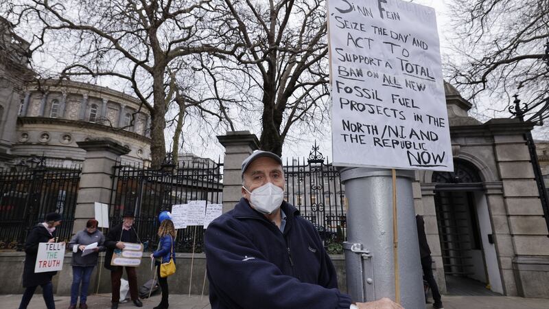 Michael McSharry from Extinction Rebellion with other members of Climate Action Groups outside the Dáil calling on Sinn Féin to stop fracking in Northern Ireland. Photograph: Alan Betson/The Irish Times