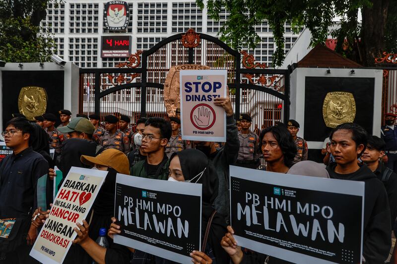Students hold posters during a protest outside the elections commission building in Jakarta, Indonesia on February 9th. Photograph: Mast Irham/EPA