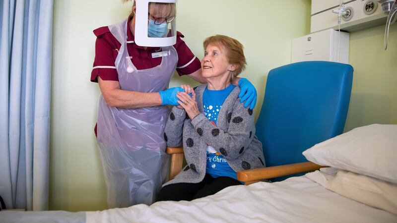 Note of hope: Margaret Keenan is the first patient in the United Kingdom to receive the Pfizer/BioNtech Covid-19 vaccine. Photograph: Jonny Weeks/Guardian