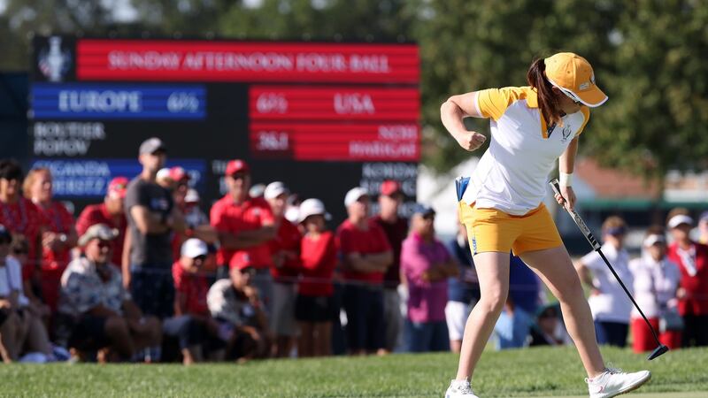 Maguire fist pumps after holing a putt to win the 16th hole during Sunday’s fourballs. Photo: Gregory Shamus/Getty Images