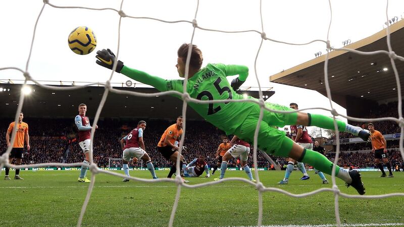 Wolverhampton Wanderers’ Ruben Neves opens the scoring against Aston Villa. Photograph: Nick Potts/PA