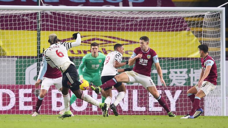 Paul Pogba scores for Manchester united against Burnley. Photograhph: Alex Livesey/Getty