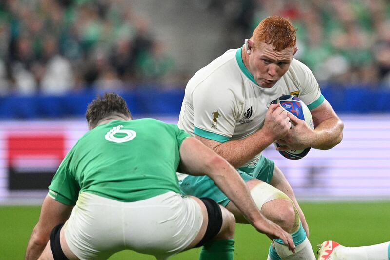 Munster's Peter O'Mahony challenges South Africa's Steven Kitshoff during the Rugby World Cup Pool B match between South Africa and Ireland at the Stade de France in Paris on September 23rd. Photograph: Martin Bureau/AFP via Getty Images