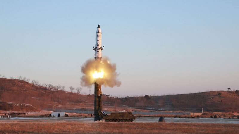 A view of the test-fire of Pukguksong-2 guided by North Korean leader Kim Jong Un on the spot. Photograph: Korean Central News Agency/Reuters