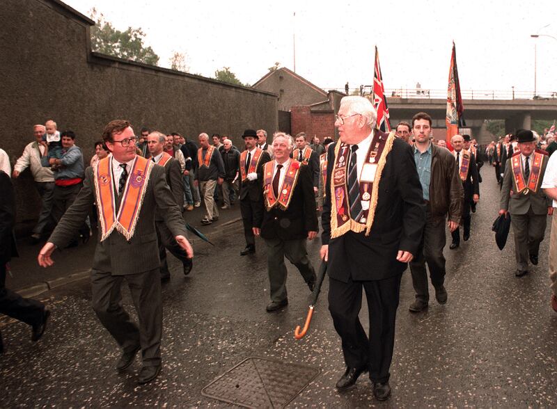 David Trimble with Ian Paisley at the bottom of the Garvaghy road after the 1995 parade was allowed to pass down the road. Photograph: Pacemaker