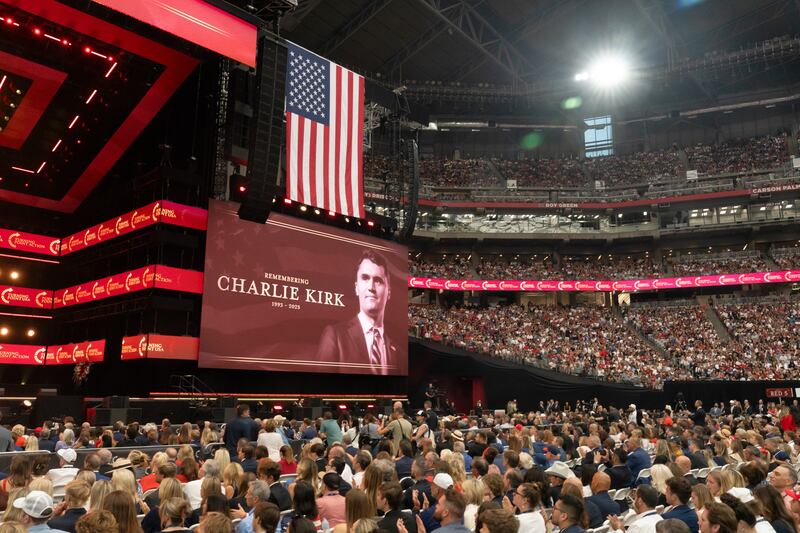 An image of Turning Point USA founder Charlie Kirk during his memorial service at State Farm Stadium in Glendale, Arizona, on Sunday. Photograph: Bloomberg