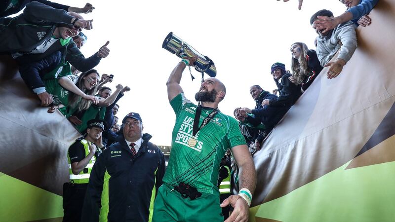 Connacht captain John Muldoon celebrates with the fans after beating Leinster in the Pro12 final at Murrayfield. Photograph:  Dan Sheridan/Inpho