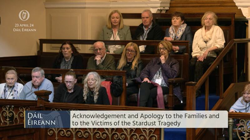 Survivors and the families of the Stardust victims listening in the public gallery of the Dáil as Taoiseach Simon Harris issued a State apology. Photograph: Oireachtas TV/PA Wire 