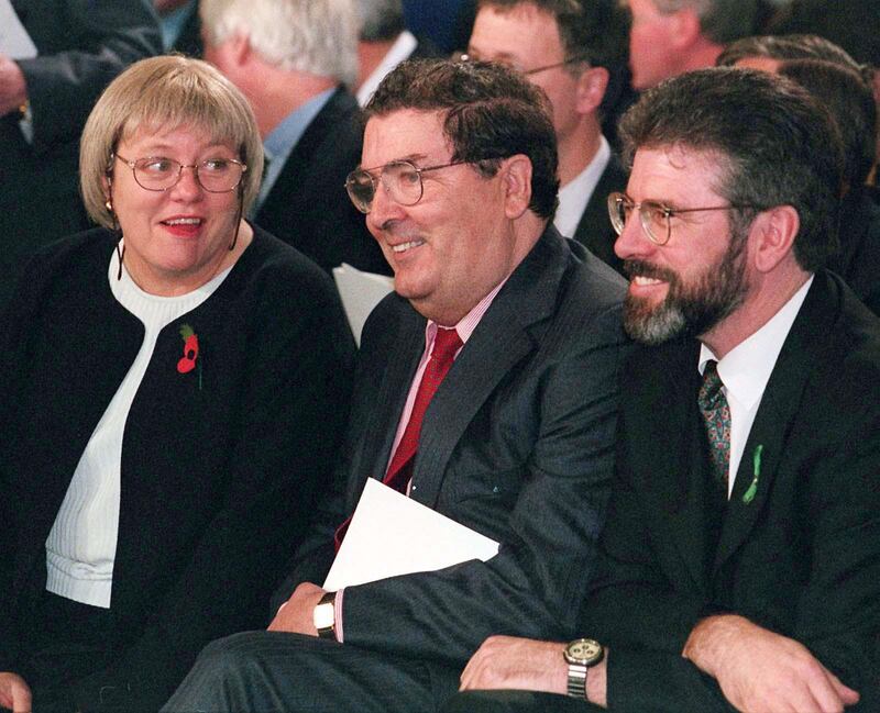 Hume: Beyond Belief – John Hume with Northern Ireland secretary Mo Mowlam and Sinn Féin president Gerry Adams in 1997, at Mary McAleese's inauguration as president of the Republic. Photograph: Brian Little/PA