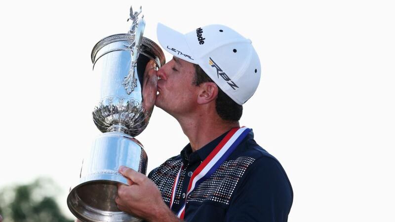 Justin Rose of England kisses the US Open trophy after victory  at Merion Golf Club  in Ardmore, Pennsylvania. Photograph:  Andrew Redington/Getty Images