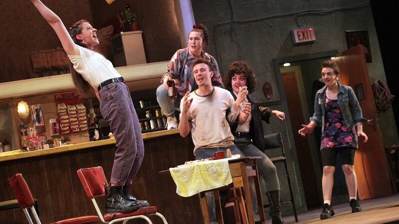 From left, Megan McDonnell, Hazel Clifford, Michael Shea, Aoibheann McCann and Holly Hannaway in the Lyric Theatre and Dublin Theatre Festival co-production of The Playboy of the Western World which had been due to be part of the festival. Photograph: Mark Stedman