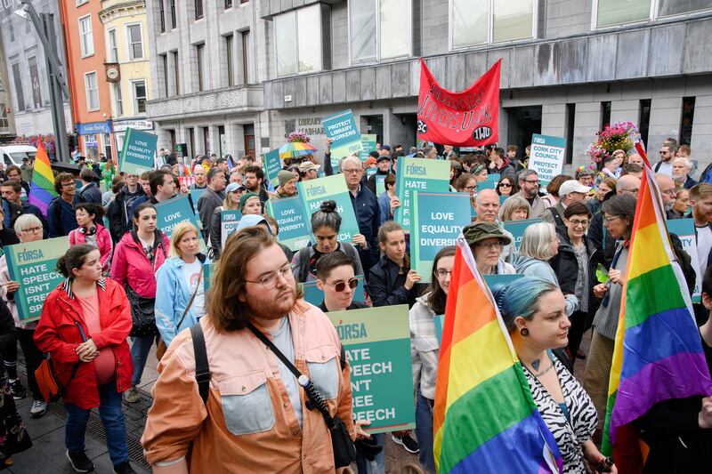 Demonstration outside Cork city's central library on Grand Parade earlier this year in support of library workers who have been subjected to harassment by protesters. Photograph: Daragh McSweeney/Provision.ie
