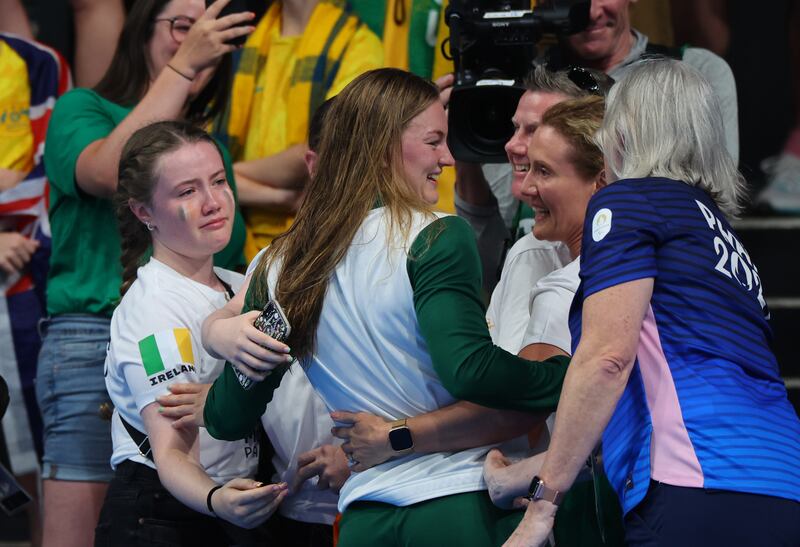Mona McSharry celebrates with her family after the women’s 100m breaststroke final. Photograph: James Crombie/Inpho