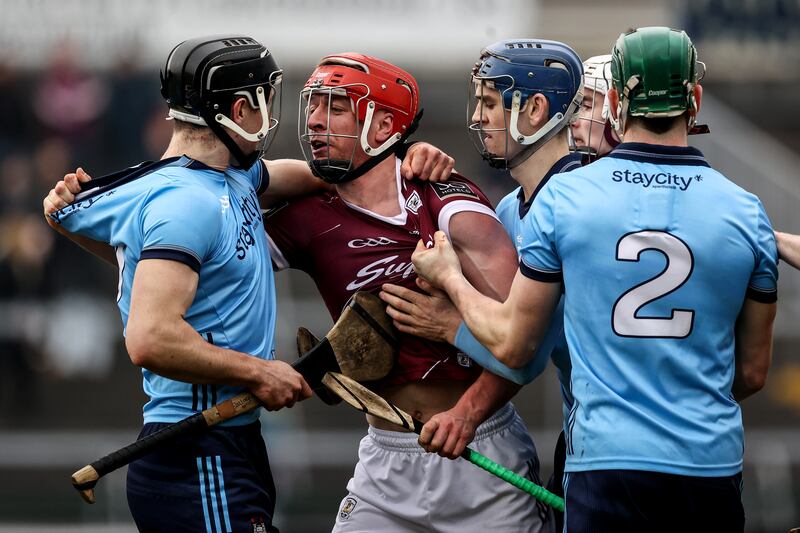 Tempers flare between Dublin's Seán Gallagher and Ronan Glennon of Galway in the final moments of the game at the weekend. Photograph: Ben Brady/Inpho