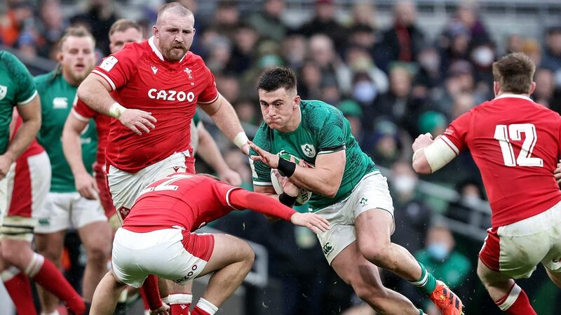 Ireland’s Dan Sheehan is tackled by Callum Sheedy of Wales at the Aviva Stadium on Saturday. Photograph: Laszlo Geczo/Inpho
