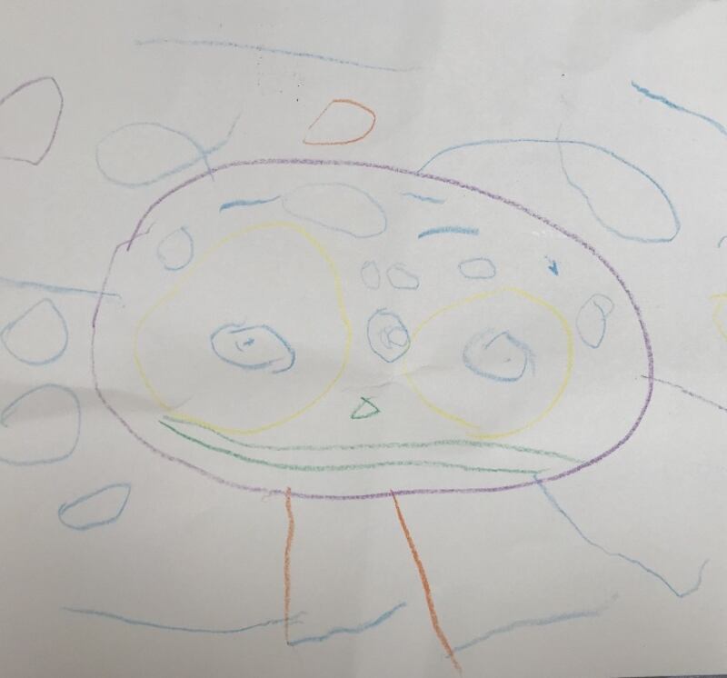 Sadhbh, aged 3.
Sadhbh drew this for her Mummy Danielle. She says it is only for girls. She drew it in the morning after dreaming that she lost all her family in the village where she was anxiously looking for them. She found her Mummy first and was happy.