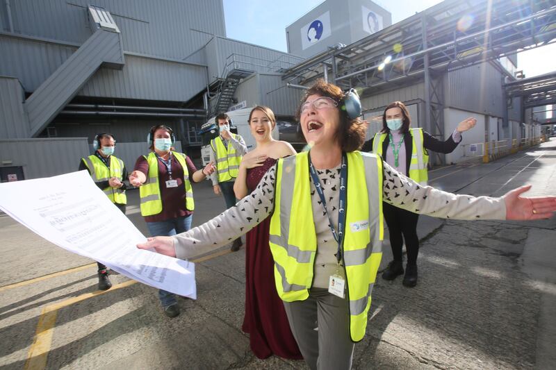 Soprano Jade Phoenix, recipient of the inaugural Danone Award for Young Outstanding Female Artist pictured with Danone staff at their Wexford Factory. Credit Mark Stedman