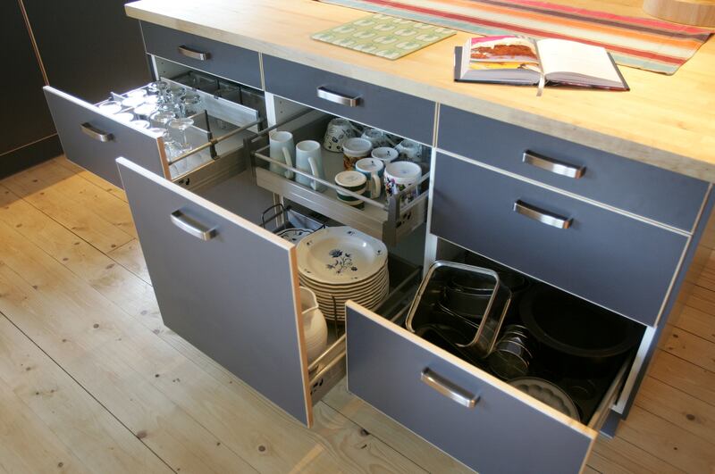 Good to go: the finished Ikea kitchen, including some of the Sorbo cabinets' soft-close drawers. Photograph: Alan Betson