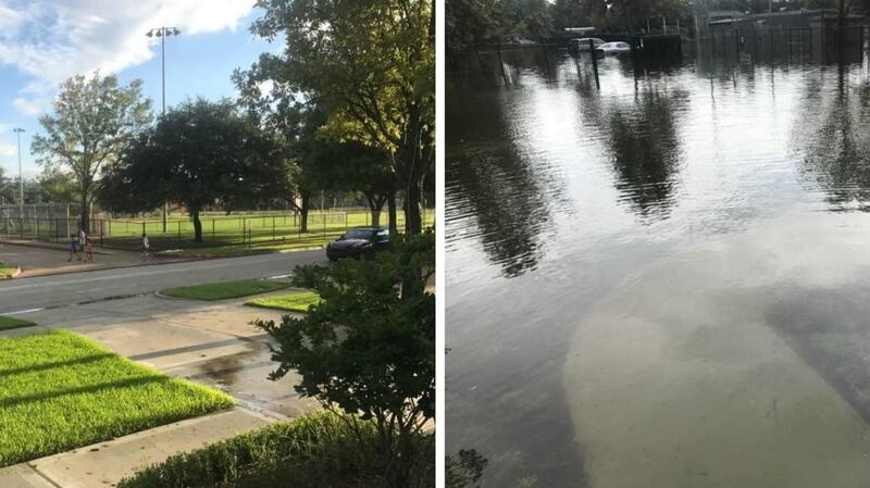 The view outside Paul O’Sullivan’s house, before and after Hurricane Harvey.