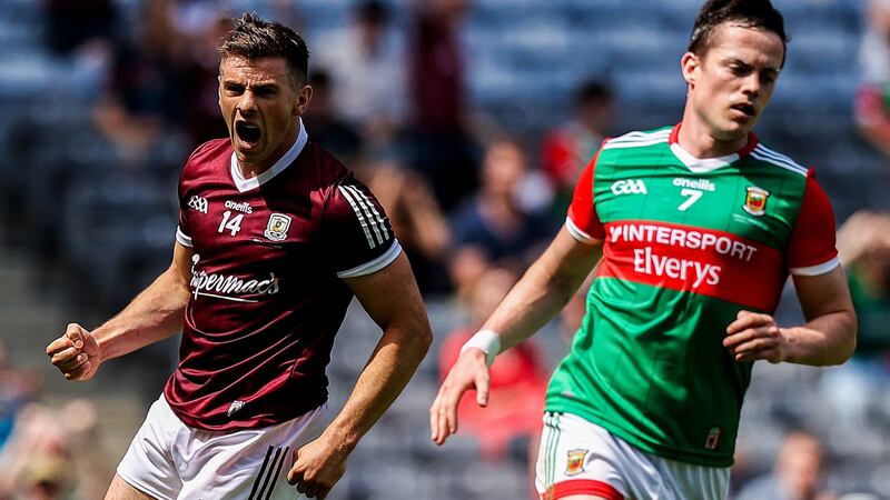 Galway’s Shane Walsh celebrates after scoring a goal in the Connacht SFC Final against Mayo at Croke Park. Photograph: Tommy Dickson/Inpho