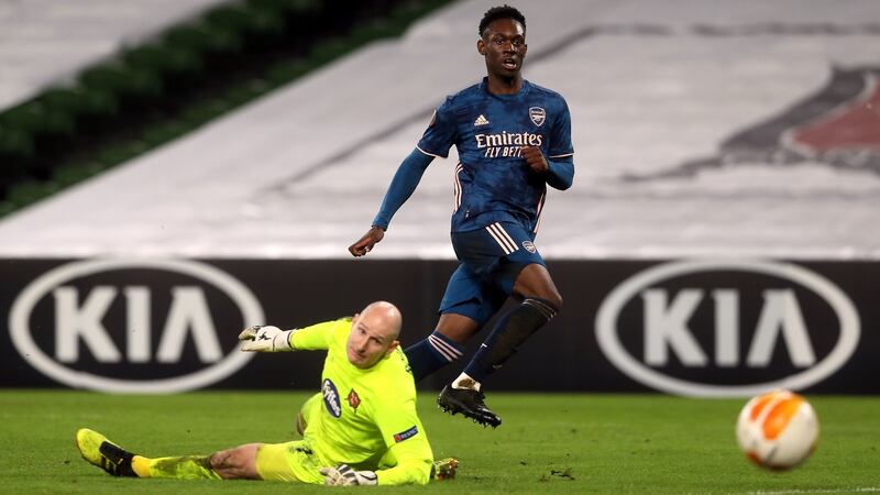 Arsenal’s Folarin Balogun scores his side’s fourth goal during the  Europa League Group B match against Dundalk  at the Aviva stadium. Photograph: Brian Lawless/PA Wire