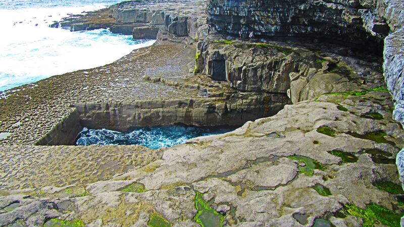 Poll na bPéist (the worm hole or serpent’s lair) on Inis Mór is renowned as the magical setting for the Red Bull diving competition.
