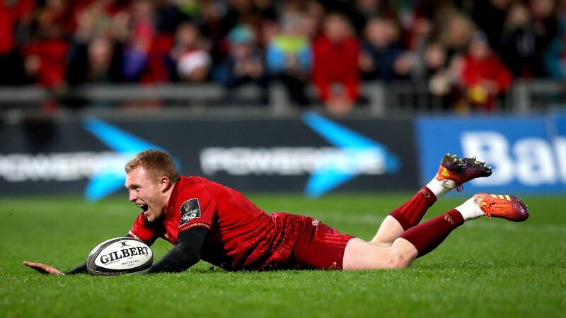 Keith Earls scores Munster’s crucial second try against Leinster. Photograph: Ryan Byrne/Inpho