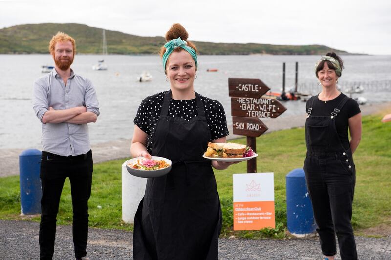 Tom Mullan, Sinead Moclair and Eva Caulwell of Báidín restaurant at the Clifden boat club. Photograph: Aoife Herriott